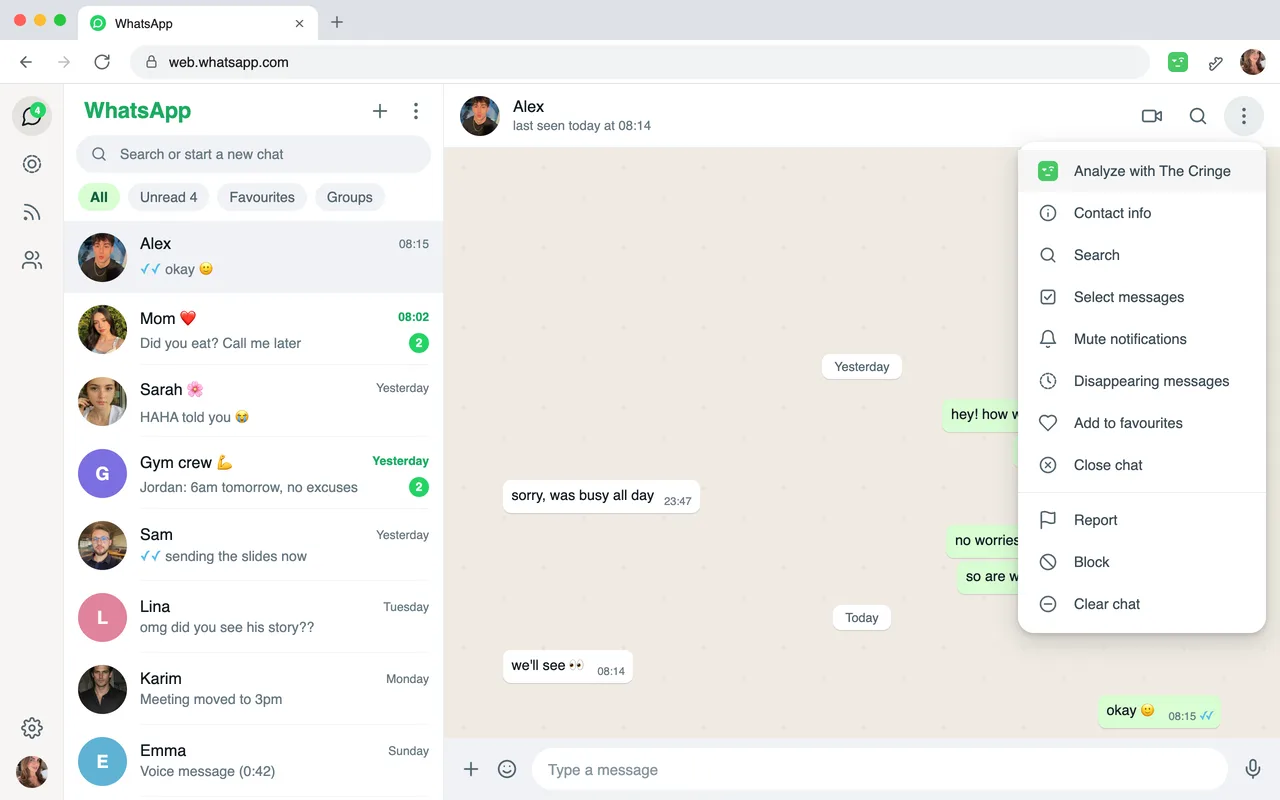 WhatsApp Web with a chat open and the chat menu showing “Analyze with The Cringe” at the top