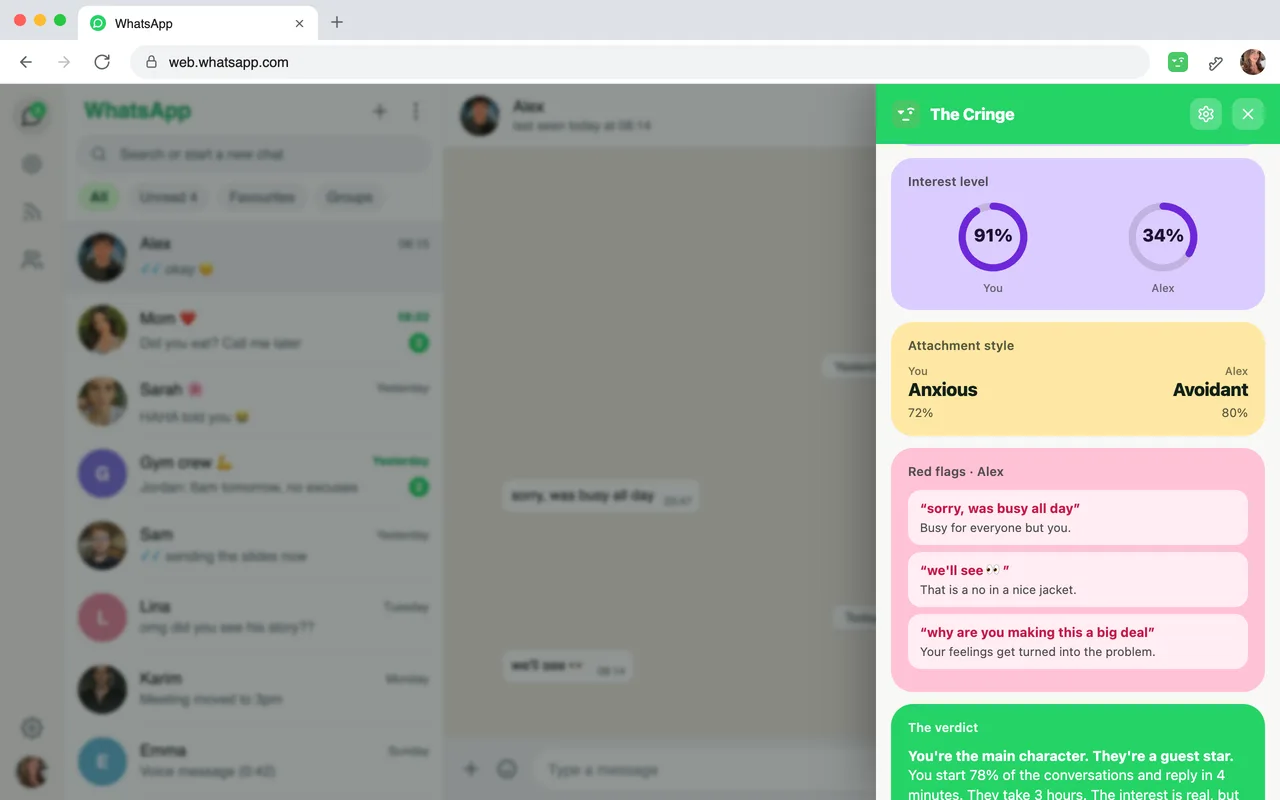 The Cringe AI insights: interest level 91% vs 34%, anxious and avoidant attachment styles, red flags and the verdict