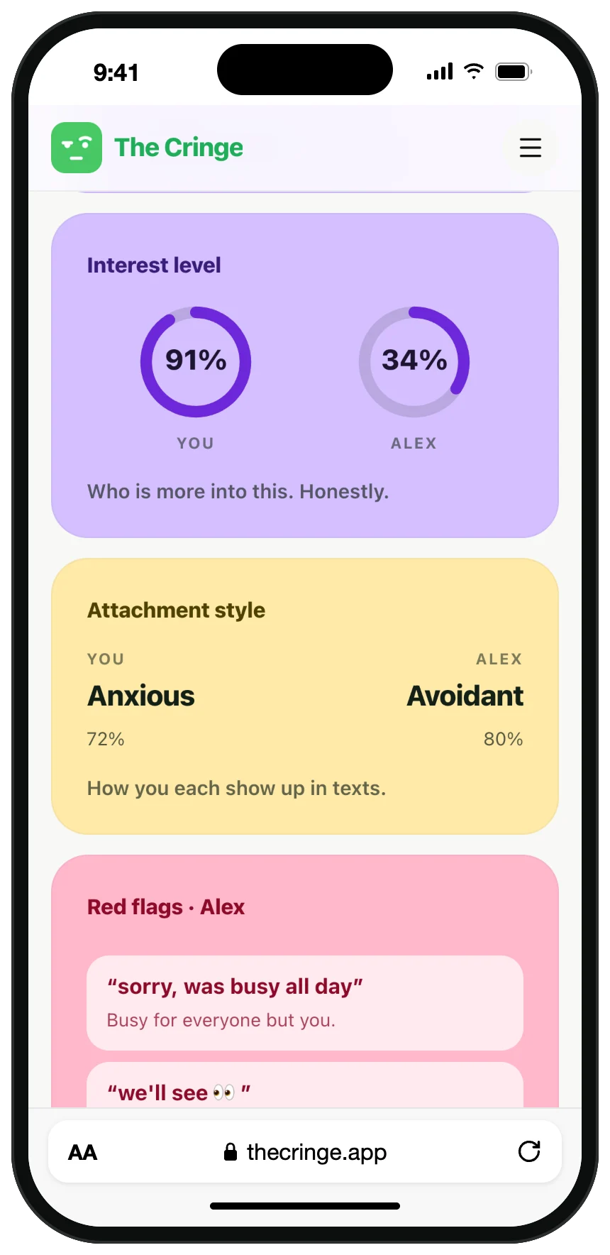 The Cringe AI report on a phone: interest level 91% vs 34%, attachment styles and red flags