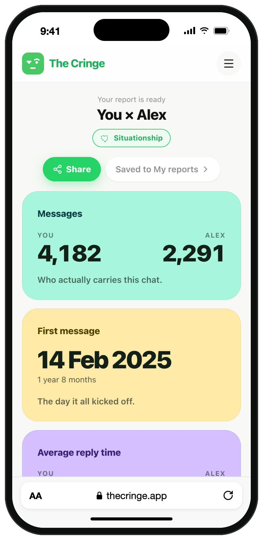 A WhatsApp chat report on a phone: You 4,182 messages vs Alex 2,291, first message 14 Feb 2025